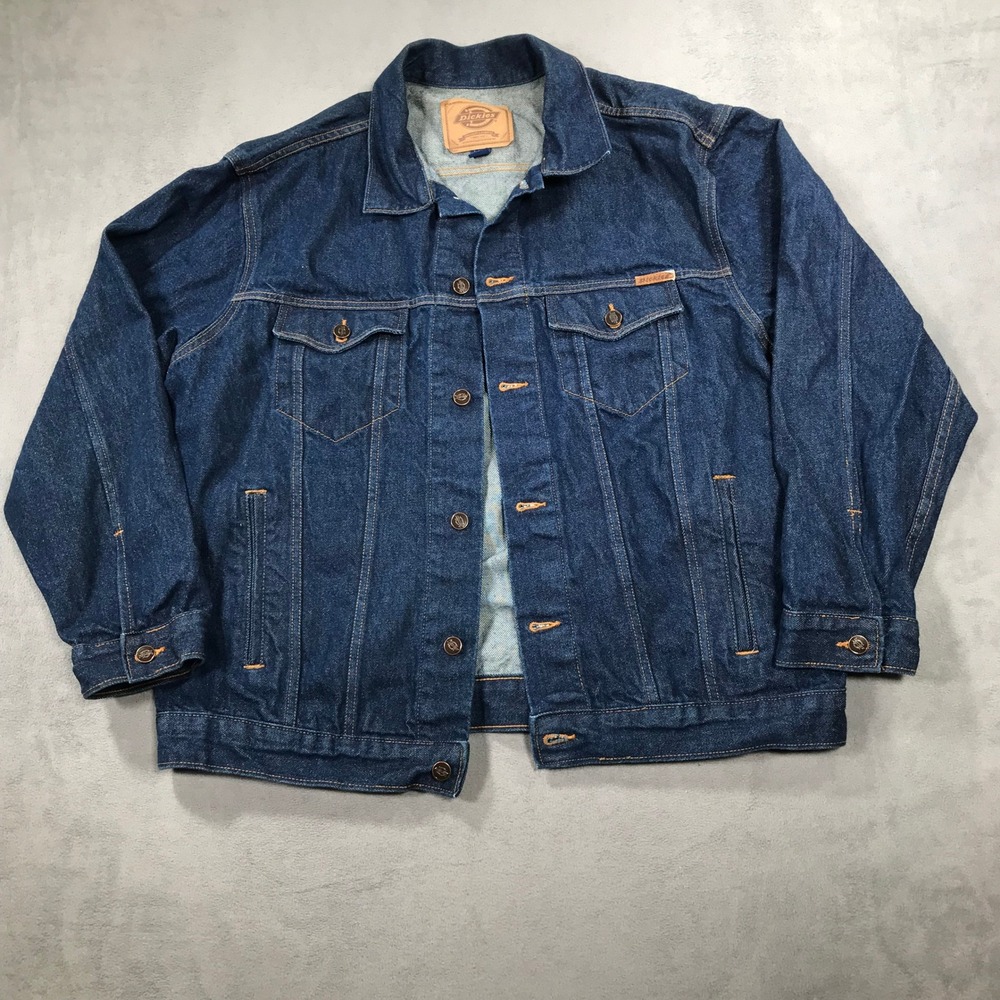 Vintage Dickies Denim Trucker Jacket Mens XL Blue Dark Wash Workwear Staple 90s